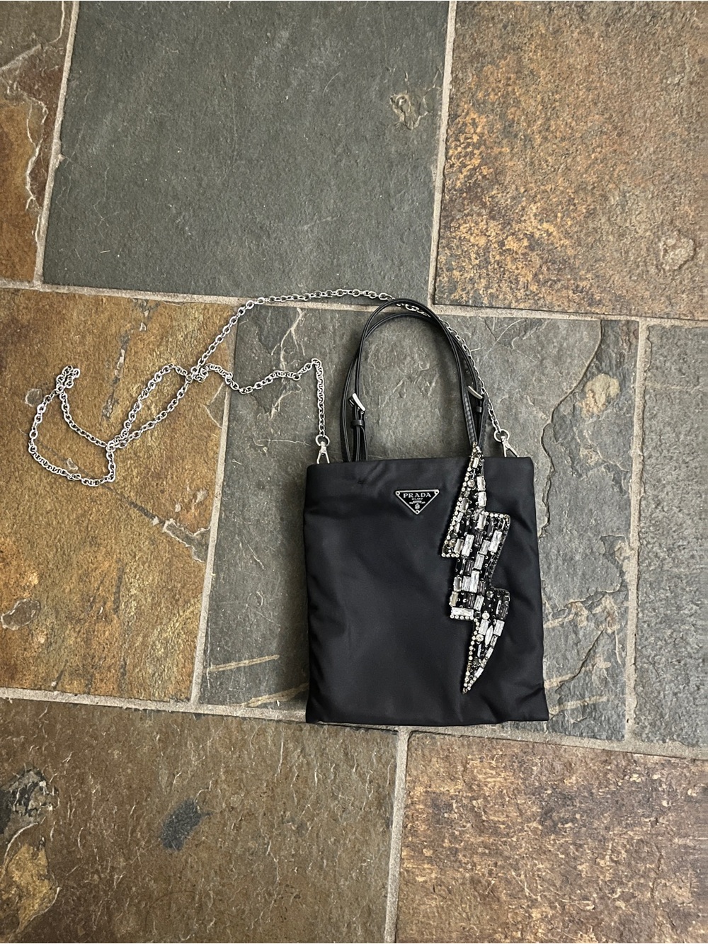 Prada Black Nylon Crossbody Bag with Crystal Lightning Accent